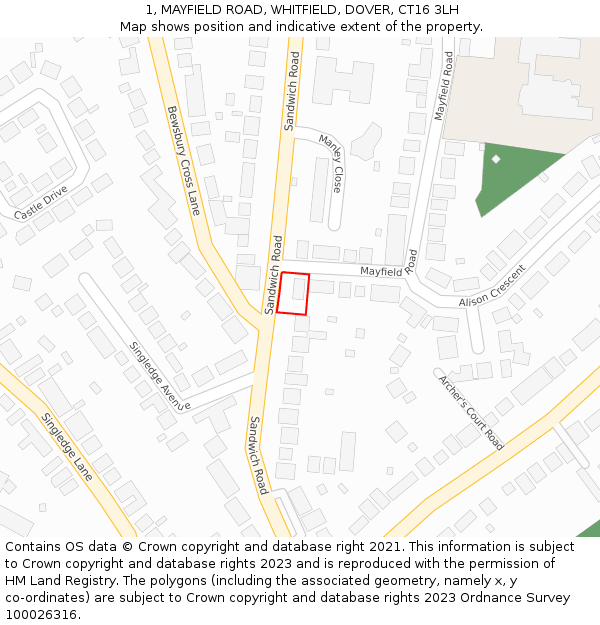 1, MAYFIELD ROAD, WHITFIELD, DOVER, CT16 3LH: Location map and indicative extent of plot