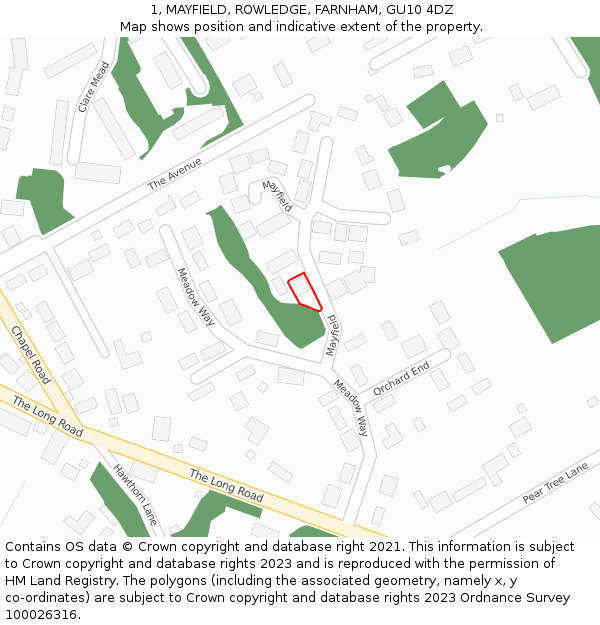 1, MAYFIELD, ROWLEDGE, FARNHAM, GU10 4DZ: Location map and indicative extent of plot