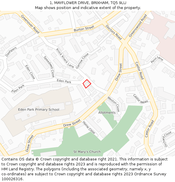 1, MAYFLOWER DRIVE, BRIXHAM, TQ5 9LU: Location map and indicative extent of plot