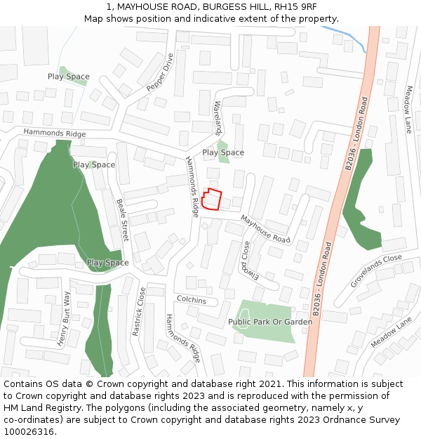 1, MAYHOUSE ROAD, BURGESS HILL, RH15 9RF: Location map and indicative extent of plot