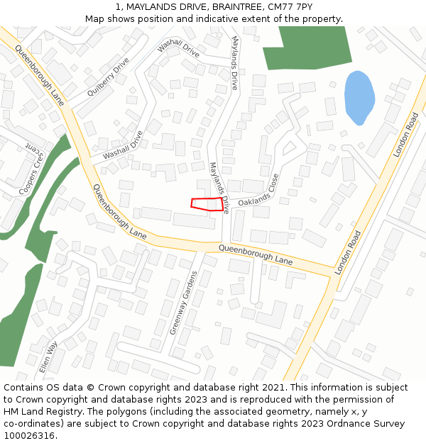 1, MAYLANDS DRIVE, BRAINTREE, CM77 7PY: Location map and indicative extent of plot