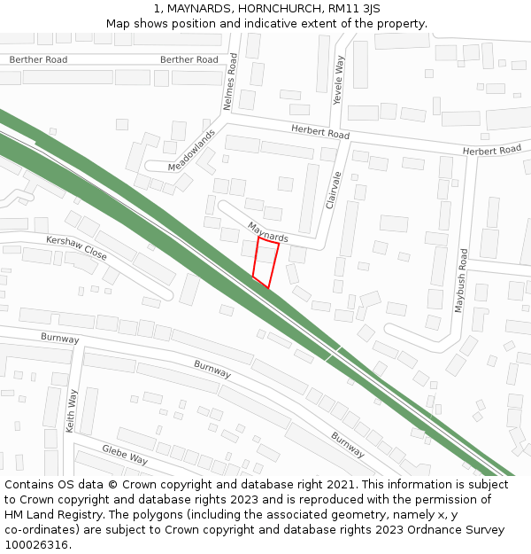 1, MAYNARDS, HORNCHURCH, RM11 3JS: Location map and indicative extent of plot