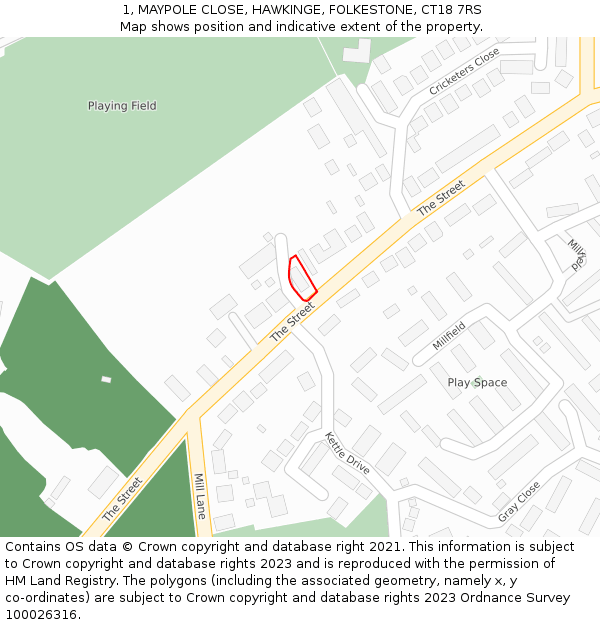 1, MAYPOLE CLOSE, HAWKINGE, FOLKESTONE, CT18 7RS: Location map and indicative extent of plot