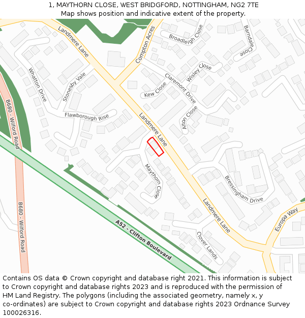 1, MAYTHORN CLOSE, WEST BRIDGFORD, NOTTINGHAM, NG2 7TE: Location map and indicative extent of plot