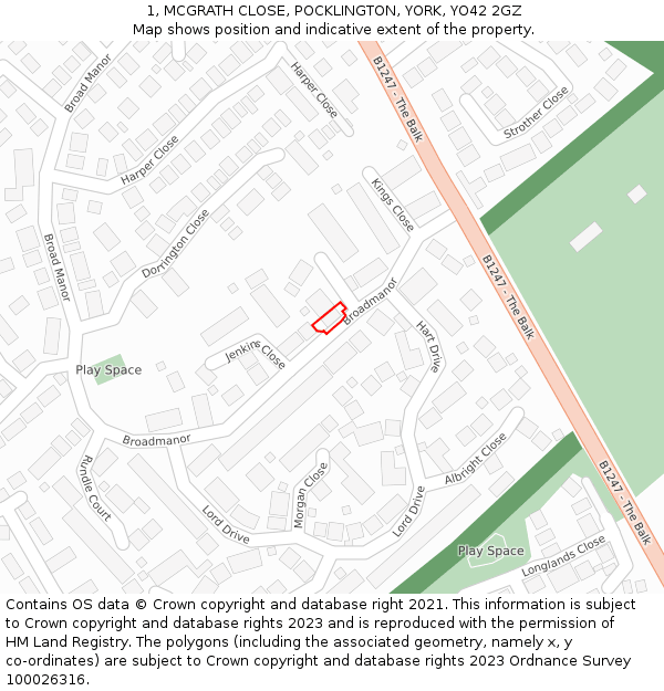 1, MCGRATH CLOSE, POCKLINGTON, YORK, YO42 2GZ: Location map and indicative extent of plot