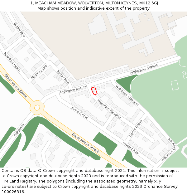 1, MEACHAM MEADOW, WOLVERTON, MILTON KEYNES, MK12 5GJ: Location map and indicative extent of plot