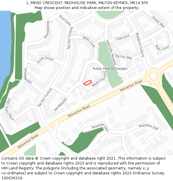 1, MEAD CRESCENT, REDHOUSE PARK, MILTON KEYNES, MK14 5FX: Location map and indicative extent of plot