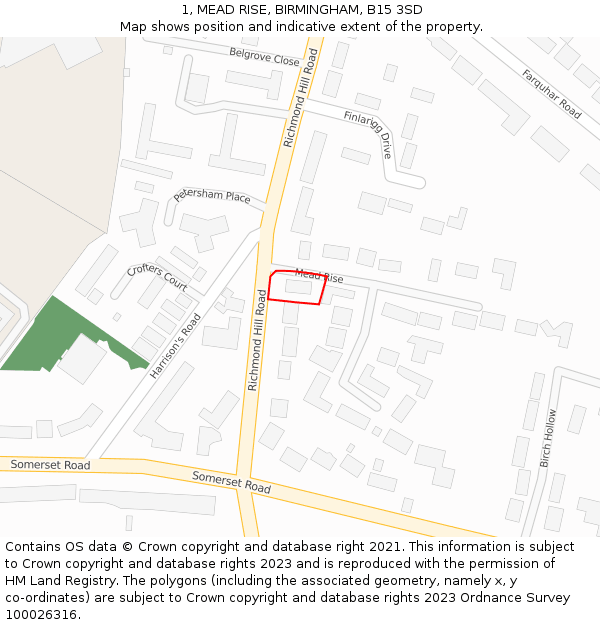 1, MEAD RISE, BIRMINGHAM, B15 3SD: Location map and indicative extent of plot