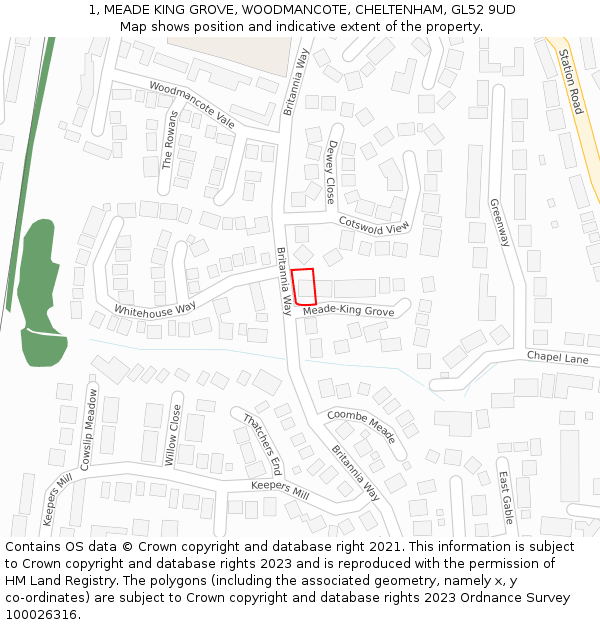 1, MEADE KING GROVE, WOODMANCOTE, CHELTENHAM, GL52 9UD: Location map and indicative extent of plot