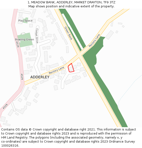 1, MEADOW BANK, ADDERLEY, MARKET DRAYTON, TF9 3TZ: Location map and indicative extent of plot