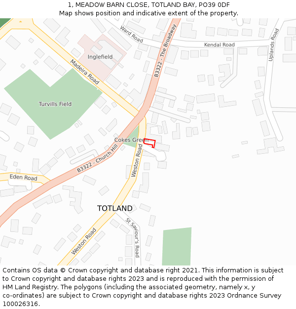 1, MEADOW BARN CLOSE, TOTLAND BAY, PO39 0DF: Location map and indicative extent of plot