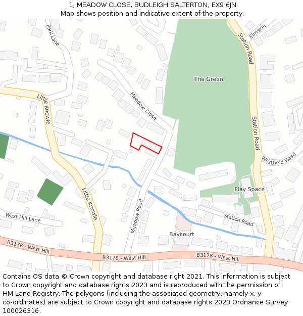 1, MEADOW CLOSE, BUDLEIGH SALTERTON, EX9 6JN: Location map and indicative extent of plot