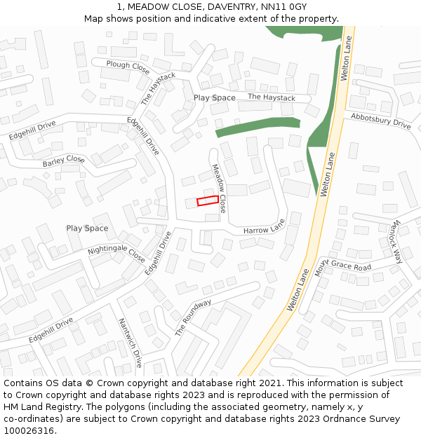 1, MEADOW CLOSE, DAVENTRY, NN11 0GY: Location map and indicative extent of plot