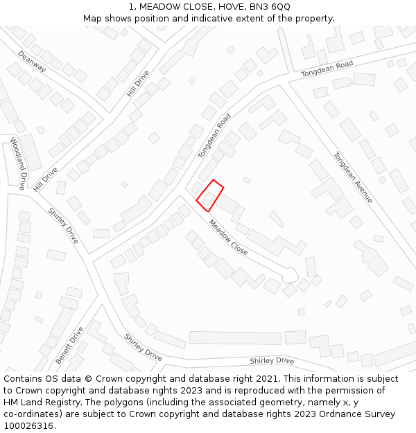 1, MEADOW CLOSE, HOVE, BN3 6QQ: Location map and indicative extent of plot