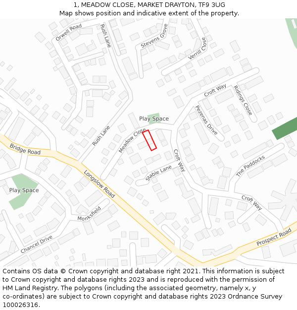 1, MEADOW CLOSE, MARKET DRAYTON, TF9 3UG: Location map and indicative extent of plot