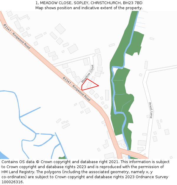 1, MEADOW CLOSE, SOPLEY, CHRISTCHURCH, BH23 7BD: Location map and indicative extent of plot
