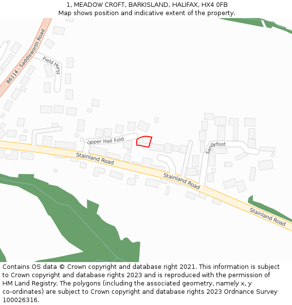 1, MEADOW CROFT, BARKISLAND, HALIFAX, HX4 0FB: Location map and indicative extent of plot