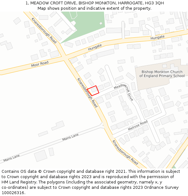 1, MEADOW CROFT DRIVE, BISHOP MONKTON, HARROGATE, HG3 3QH: Location map and indicative extent of plot