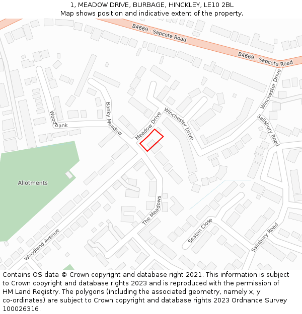 1, MEADOW DRIVE, BURBAGE, HINCKLEY, LE10 2BL: Location map and indicative extent of plot