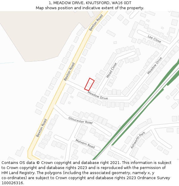1, MEADOW DRIVE, KNUTSFORD, WA16 0DT: Location map and indicative extent of plot