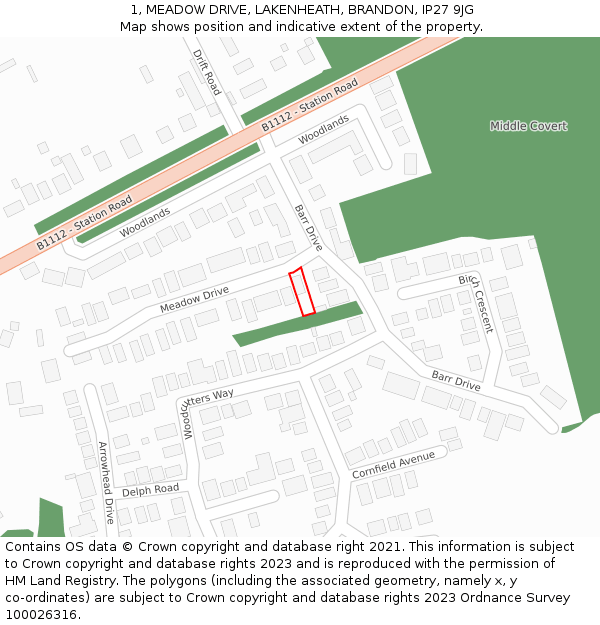 1, MEADOW DRIVE, LAKENHEATH, BRANDON, IP27 9JG: Location map and indicative extent of plot