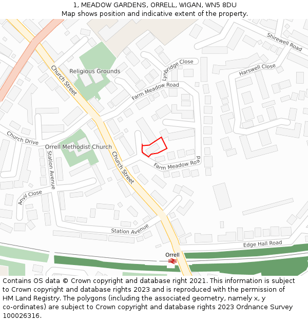 1, MEADOW GARDENS, ORRELL, WIGAN, WN5 8DU: Location map and indicative extent of plot