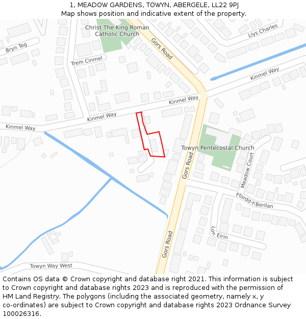 1, MEADOW GARDENS, TOWYN, ABERGELE, LL22 9PJ: Location map and indicative extent of plot