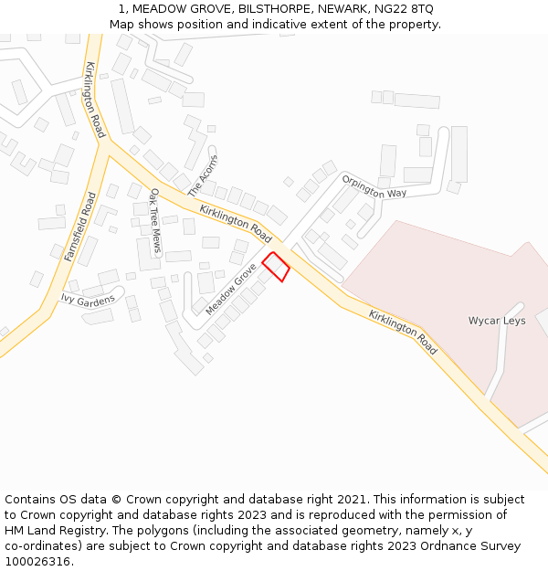1, MEADOW GROVE, BILSTHORPE, NEWARK, NG22 8TQ: Location map and indicative extent of plot