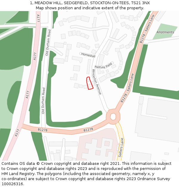 1, MEADOW HILL, SEDGEFIELD, STOCKTON-ON-TEES, TS21 3NX: Location map and indicative extent of plot