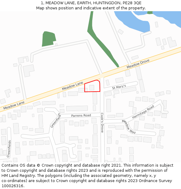 1, MEADOW LANE, EARITH, HUNTINGDON, PE28 3QE: Location map and indicative extent of plot