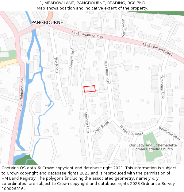 1, MEADOW LANE, PANGBOURNE, READING, RG8 7ND: Location map and indicative extent of plot