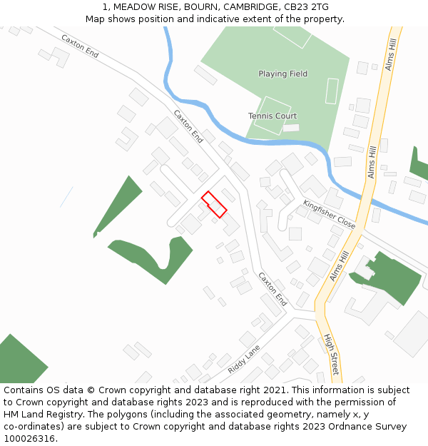 1, MEADOW RISE, BOURN, CAMBRIDGE, CB23 2TG: Location map and indicative extent of plot