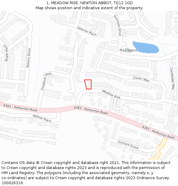 1, MEADOW RISE, NEWTON ABBOT, TQ12 1GD: Location map and indicative extent of plot