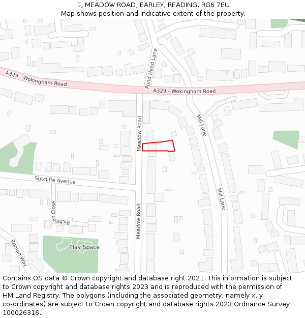1, MEADOW ROAD, EARLEY, READING, RG6 7EU: Location map and indicative extent of plot