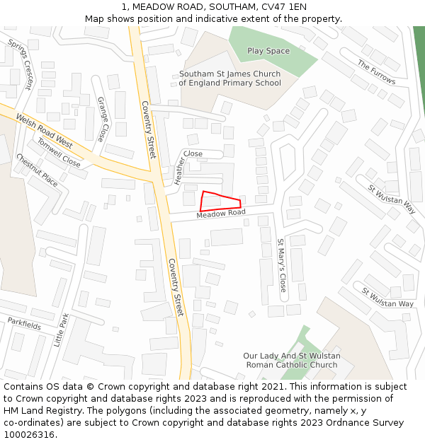 1, MEADOW ROAD, SOUTHAM, CV47 1EN: Location map and indicative extent of plot