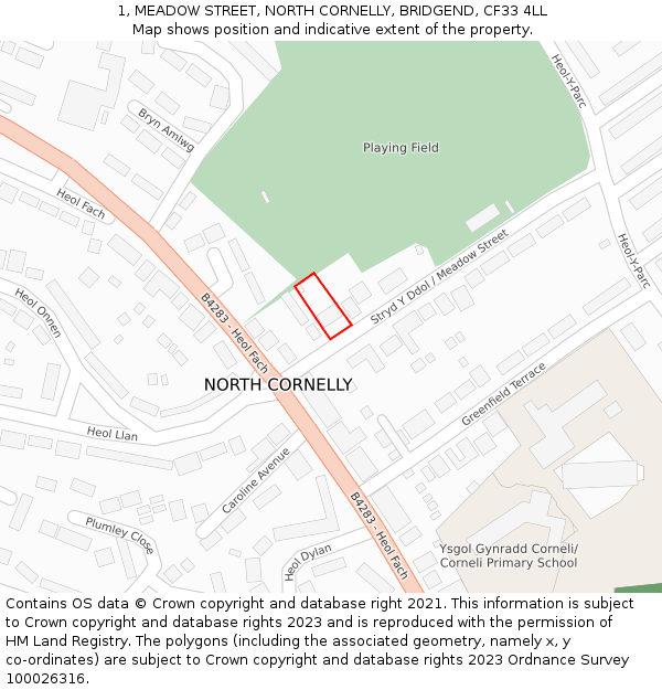 1, MEADOW STREET, NORTH CORNELLY, BRIDGEND, CF33 4LL: Location map and indicative extent of plot