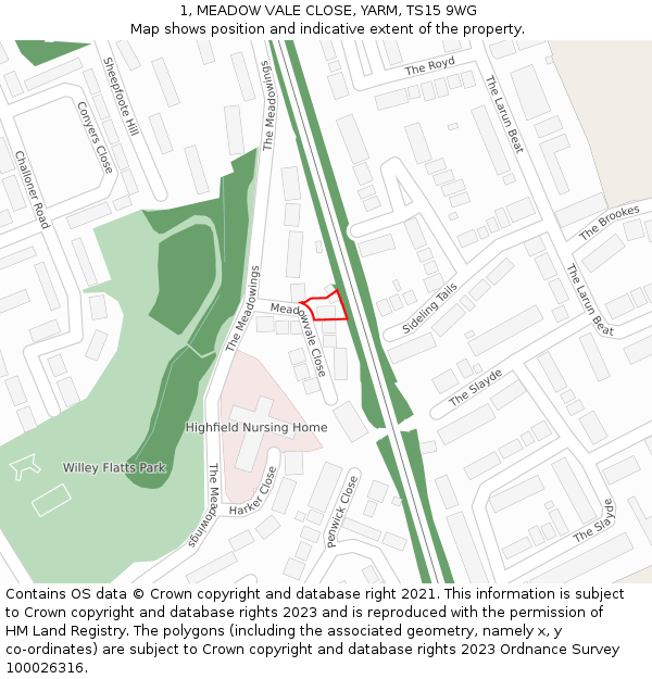 1, MEADOW VALE CLOSE, YARM, TS15 9WG: Location map and indicative extent of plot