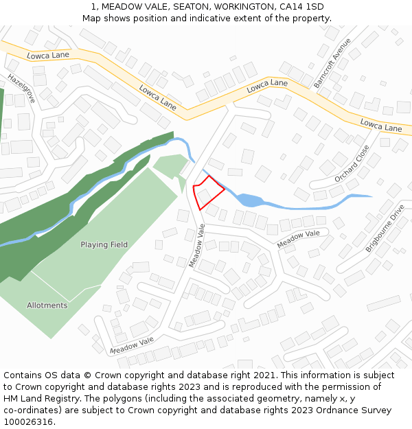 1, MEADOW VALE, SEATON, WORKINGTON, CA14 1SD: Location map and indicative extent of plot