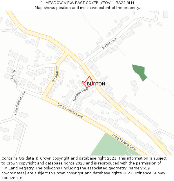 1, MEADOW VIEW, EAST COKER, YEOVIL, BA22 9LH: Location map and indicative extent of plot