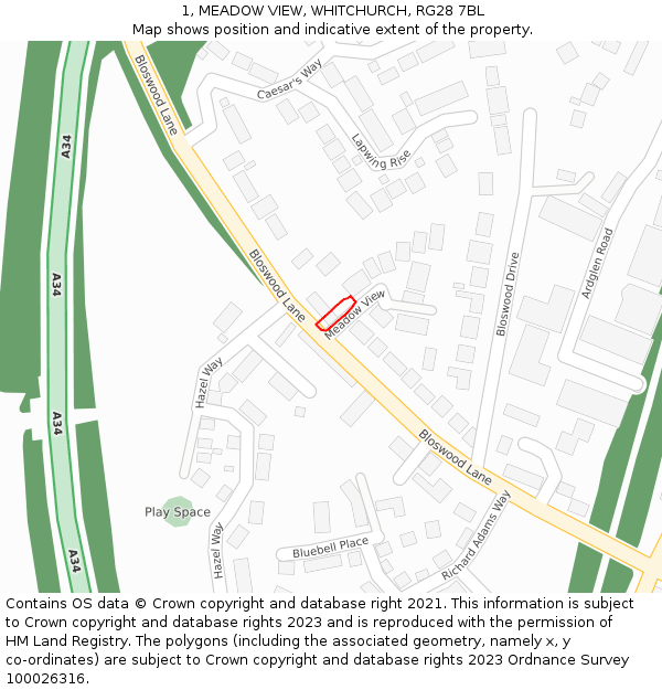 1, MEADOW VIEW, WHITCHURCH, RG28 7BL: Location map and indicative extent of plot
