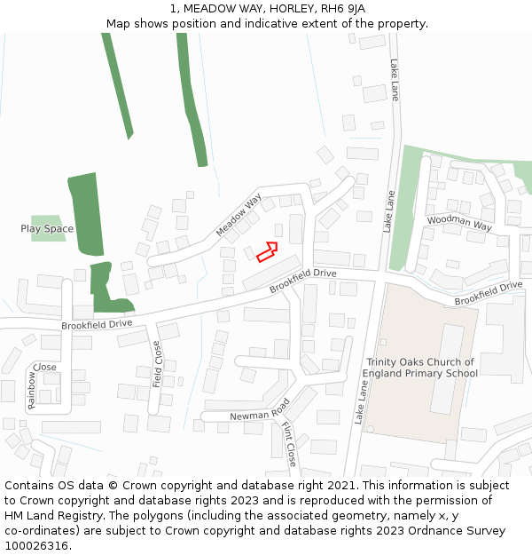 1, MEADOW WAY, HORLEY, RH6 9JA: Location map and indicative extent of plot