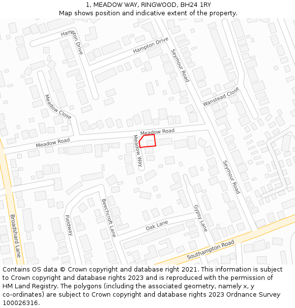 1, MEADOW WAY, RINGWOOD, BH24 1RY: Location map and indicative extent of plot