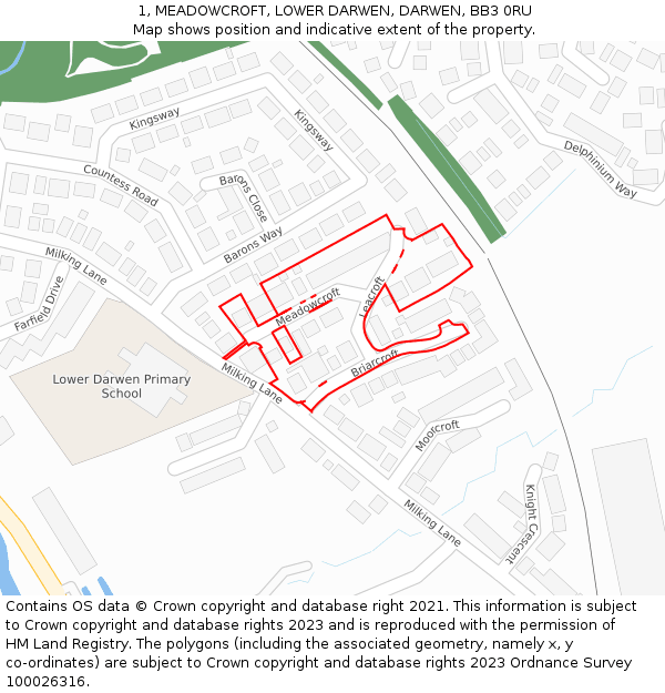 1, MEADOWCROFT, LOWER DARWEN, DARWEN, BB3 0RU: Location map and indicative extent of plot