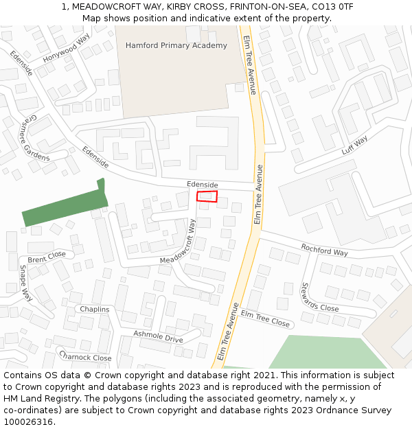 1, MEADOWCROFT WAY, KIRBY CROSS, FRINTON-ON-SEA, CO13 0TF: Location map and indicative extent of plot
