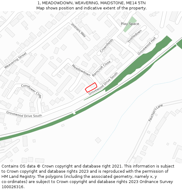 1, MEADOWDOWN, WEAVERING, MAIDSTONE, ME14 5TN: Location map and indicative extent of plot