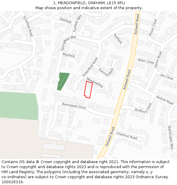 1, MEADOWFIELD, OAKHAM, LE15 6PU: Location map and indicative extent of plot