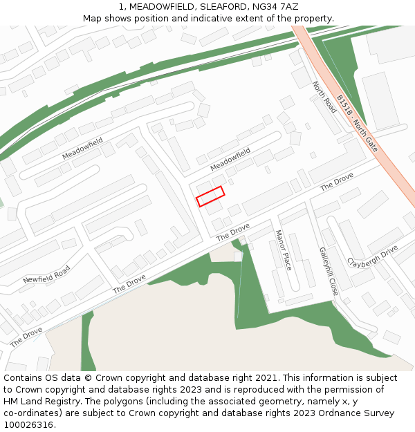 1, MEADOWFIELD, SLEAFORD, NG34 7AZ: Location map and indicative extent of plot
