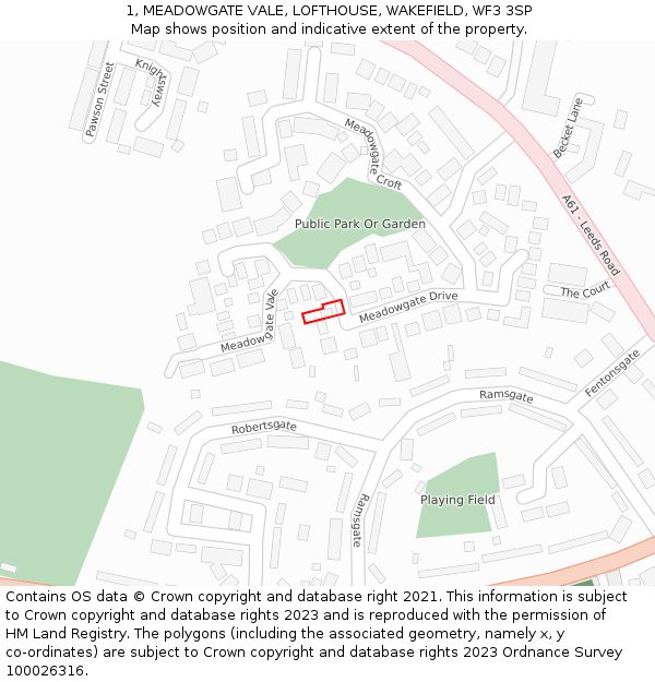 1, MEADOWGATE VALE, LOFTHOUSE, WAKEFIELD, WF3 3SP: Location map and indicative extent of plot