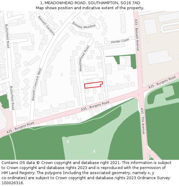 1, MEADOWHEAD ROAD, SOUTHAMPTON, SO16 7AD: Location map and indicative extent of plot