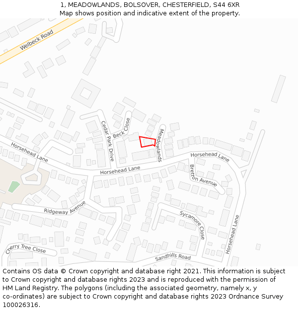 1, MEADOWLANDS, BOLSOVER, CHESTERFIELD, S44 6XR: Location map and indicative extent of plot